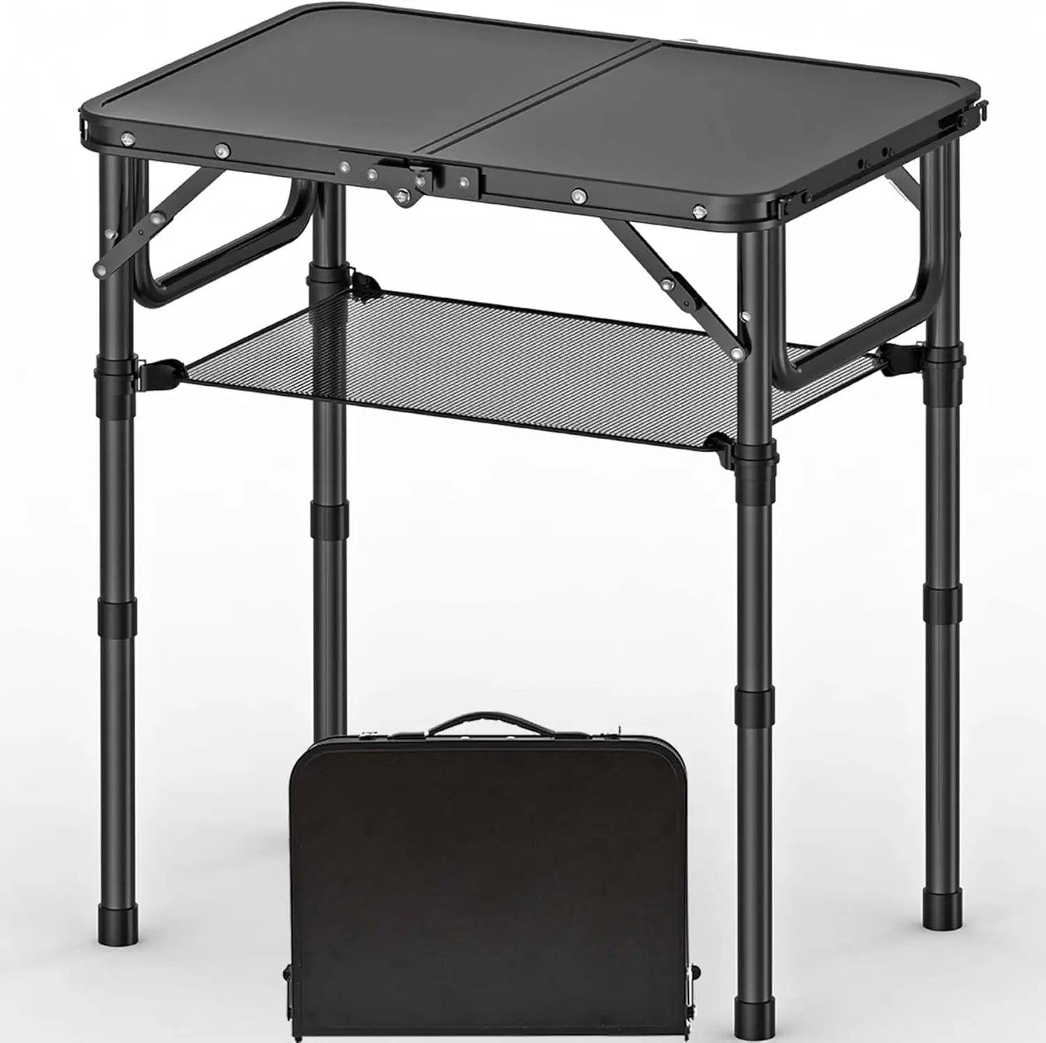 

Folding Picnic Table with Storage Net, Matte Black Aluminum 23.6"x15.8", Adjustable Height Max 27.5", Lightweight Portable for