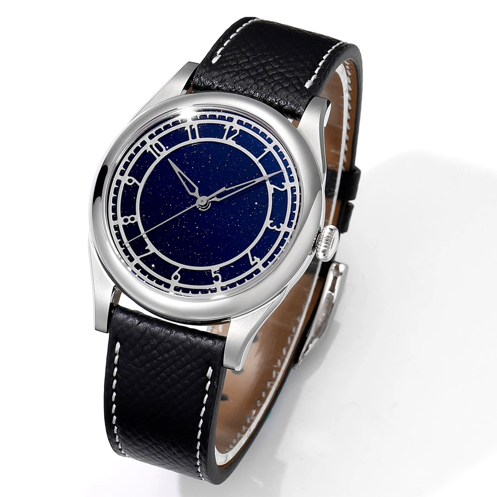 HUASUO 38mm 316L Stainless Steel Business Dress Men Watch Blue Aventurine Dail Aautomatic Mechanical SW200 Sapphire Crystal