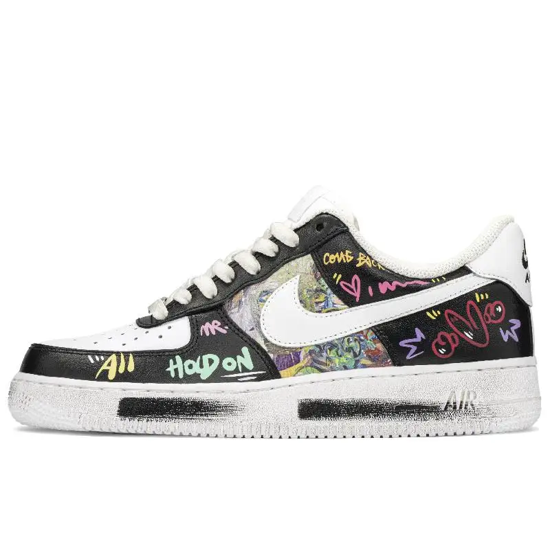 

[На заказ Street Graffiti] Мужские туфли для скейтборда Nike Air Force 1, черные, белые с низким берцем