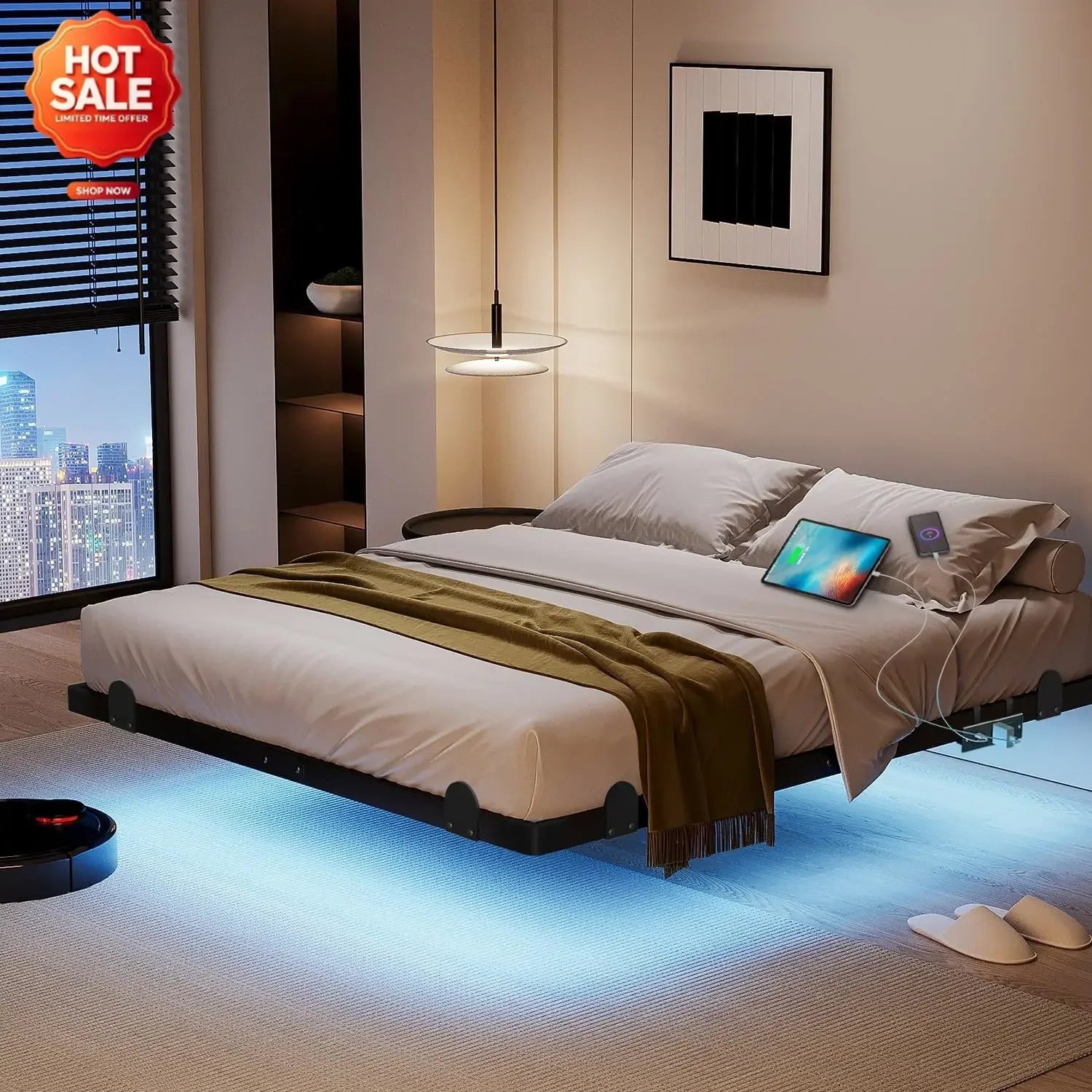 14 Inch Floating Full Bed Frame with Smart LED Lights and Charging Station, Modern Metal Full Bed Frame, Easy to Assemble, No Bo