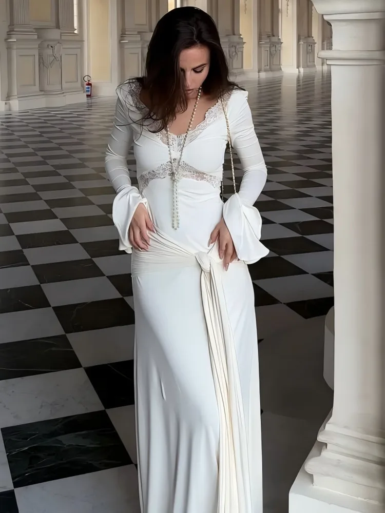 Articat elegante manga longa renda retalhos estiramento apertado vestido longo feminino sexy com decote em v bodycon festa vestido de noite outono new2025