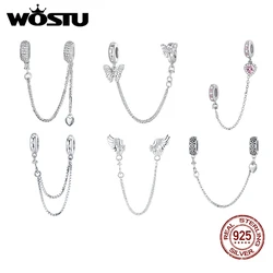 WOSTU 100% 925 Sterling Silver Butterfly Safety Chain Angel Wing  Charm Pink Heart Beads Fit Original Bracelet DIY Jewelry Gift