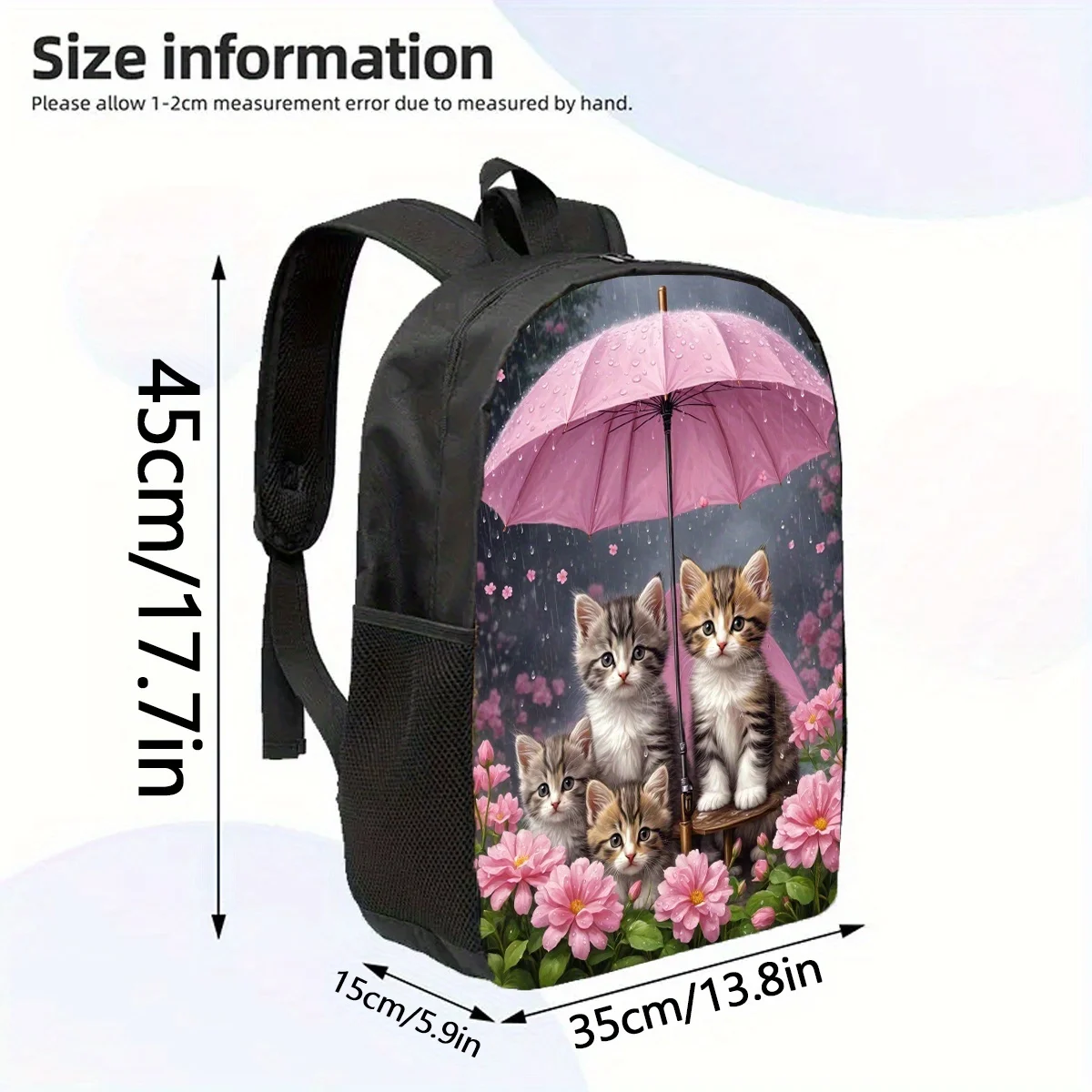 

1pc Cartoon Kitten Backpack with Pink Umbrella & Floral Print - Large Capacity 17-Inch Lightweight Durable School Bag with Adjus