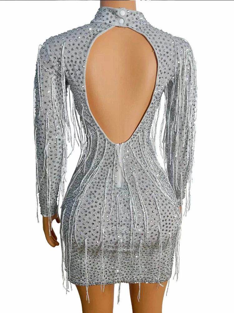 실버 라인 석 프린지 드레스 탄성 Wap 엉덩이 섹시한 짧은 드레스 나이트 클럽 댄스 의상 여성 고고 가수 이브닝 드레스 yj035