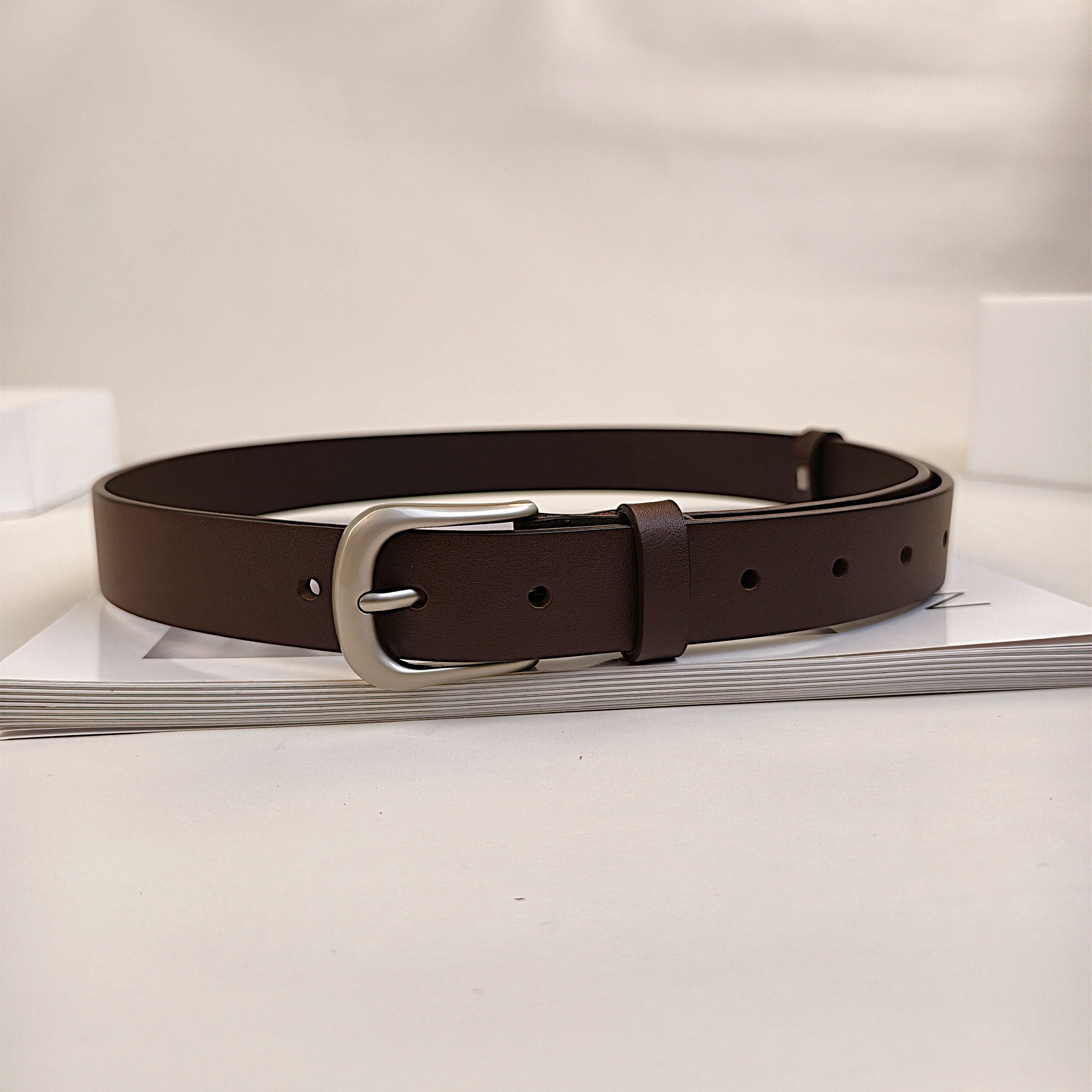 Ladies Belt Genuine Leather Curved Silver Buckle Daily Commute Casual Outfit Trousers Jacket Sleek Refined All Match Staple