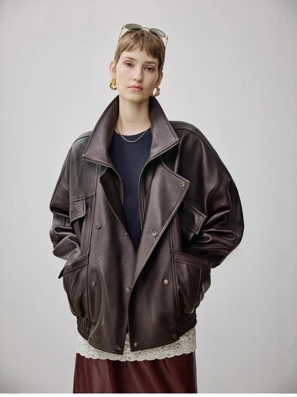 

New Autumn And Winter Workwear Pocket Zipper Stand Up Collar Casual Versatile Jacket Outerwear Short Leather Jacket PU Loose Fit