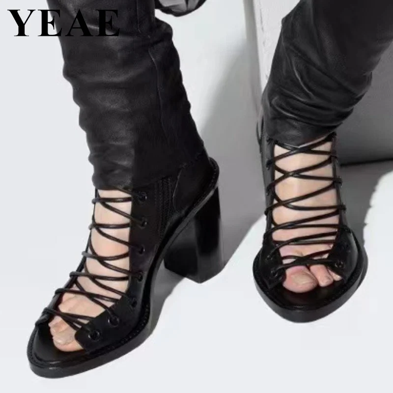 

2024 Black Lace Up Hollow Out Women Ankle Boots Open Toe Cross-tied Sandals Boots Runway Chunky High Heels Shoes Women Boots