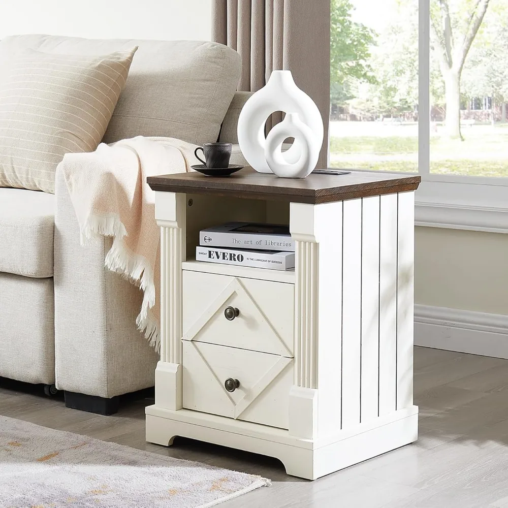Rustic Farmhouse-Style Nightstand with Charging Station, 18-Inch Barn Door End Table, Wooden Sofa Side Table Featuring Dual Stor