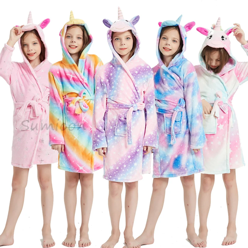 Kids Colar Fleece Unicorn Hooded Bathrobe Children's Dressing Gown Bath Robe Kugurumi Animal Sleepwear For Girls Boys Pyjamas