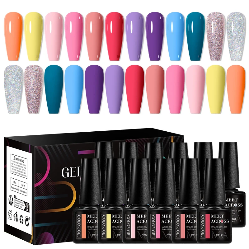 MEET ACROSS 12 Pçs/set 7ml Macaron Gel Unha Polonês Com Caixa Semi Permanente UV Gel Soak Off Nail Art Kit Verniz Para Manicure