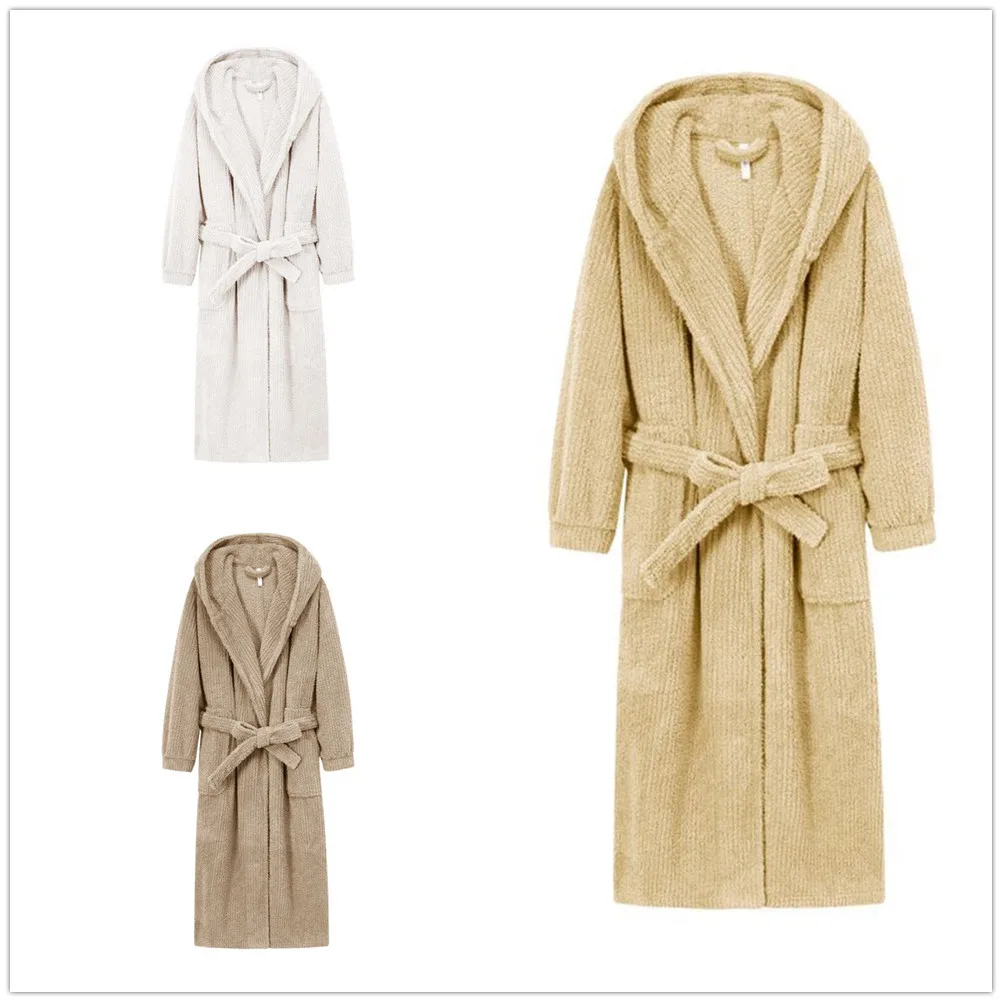 Autumn Winter Solid Color Couple Coral Velvet Women Men Hooded Bathrobe Home Clothes Thickened Flannel Robe