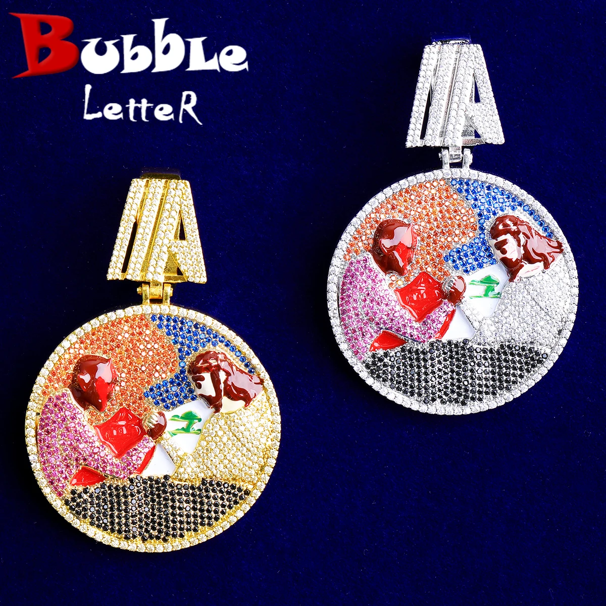 Bubble Letter Iced Out Disc Wrist Wrestling Necklace Pendant for Men Real Gold Plated Cubic Zirconia Hip Hop Jewelry