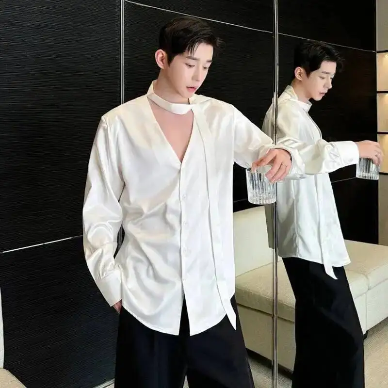 LUZHEN Satin Style Long 2026 Spring Quality French New High Sleeve Shirts Men Stylish Elegant Ribbon Decorate Casual Tops JY7742