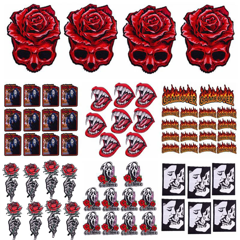 Prajna 10PCS Wholesale Skull Patch Iron On Patches For Clothing Stickers Punk Biker Embroidered Patches On Clothes Applique DIY