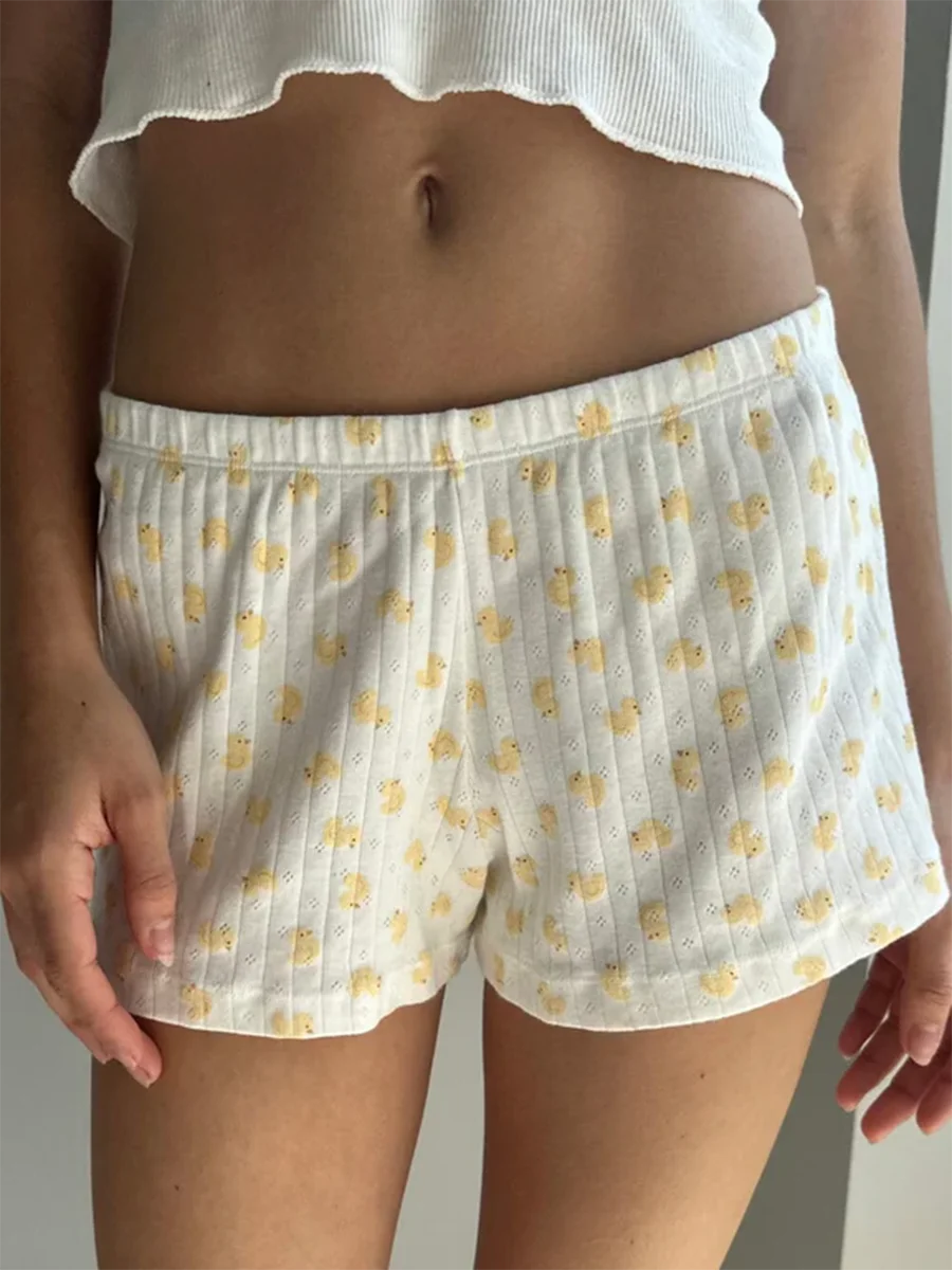 

Cute Little Yellow Ducks Eyelet Shorts Women Summer Elastic High Waist Casual Straight Sweatshorts Vintage Cotton Home Shorts