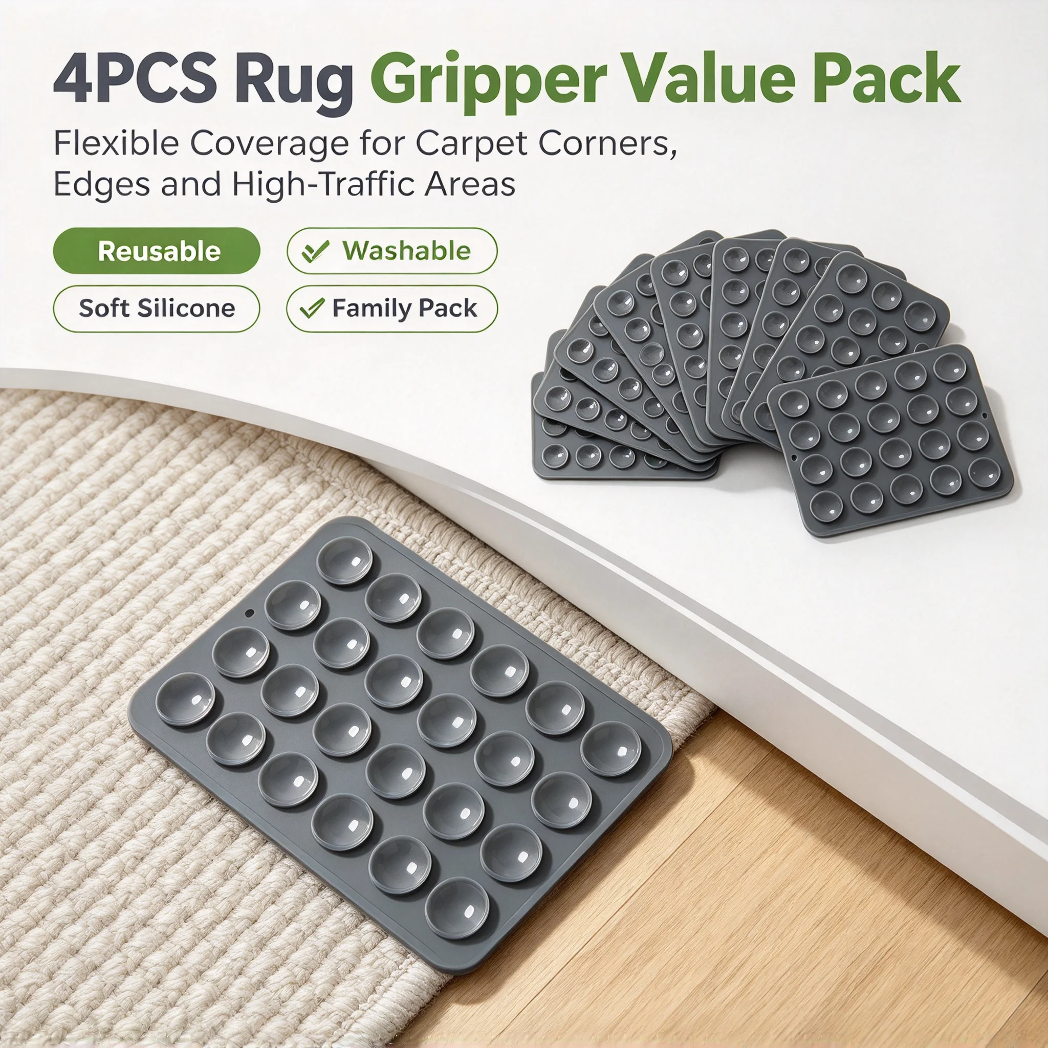 Tile Floor Rug Grippers Carpet Anti-Slip Pads Reusable Easy Install Prevent Slipping Curling Shifting Durable for Hardwood Home