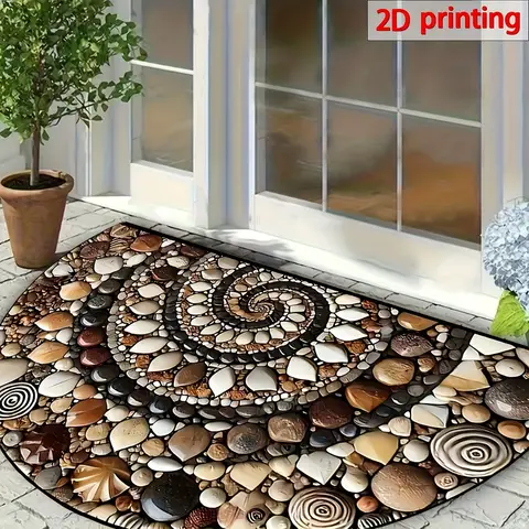 Welcome mat with a vivid 2D pebble and shell pattern non-slip and easy to maintain, this semi-circular mat is perfect for indoor