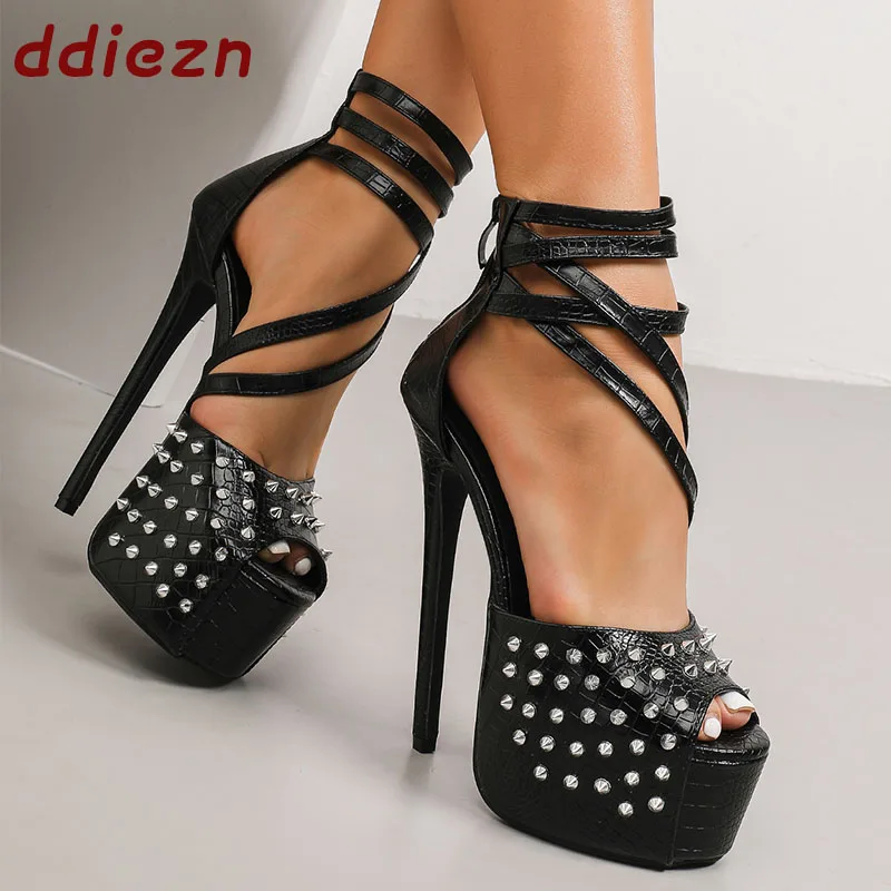 Fashion Rivet Platform Sandals Women Stiletto Heels Shoes Peep Toe Female Street Style Party Pumps Ladies Super High Heels Shoes
