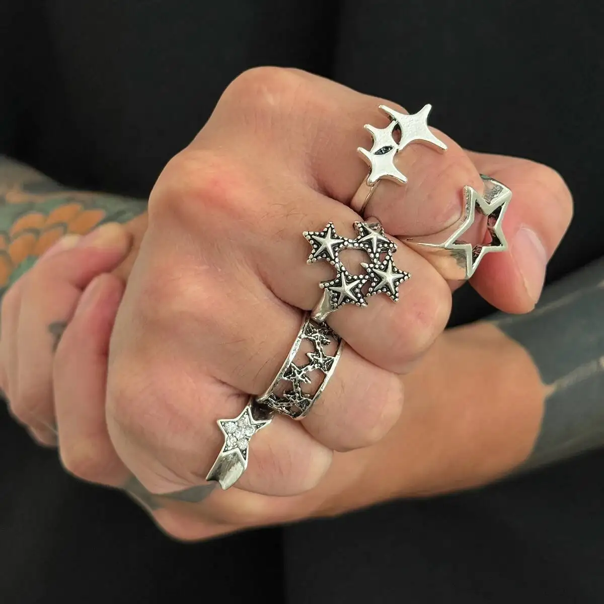 Salircon 5Pcs/set Goth Ancient Silver Color Open Rings Men 2025 Trend Vintage Metal Pentagram Hollow Stars Shape Rings Jewelry