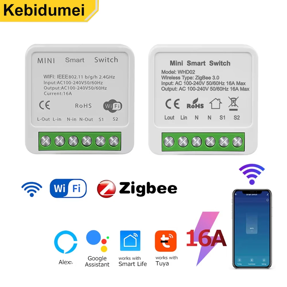 

Умный переключатель Tuya ZigBee Wi-Fi, 2-стороннее реле выключателя 220 В, 110 В, 16 А, приложение Smart Life, голосовое управление с Alex Google Home