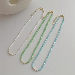 ALLNEWME French White Green Blue Color Bamboo Joint Shell Pendant Necklace for Women Freshwater Pearl Beads Chokers Necklaces