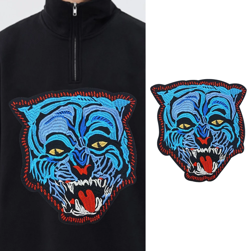 1 Piece Embroidered Blue Tiger Head Punk Rock Style Patches Ironing For Clothing Jacket Coat T-Shirt DIY Decorated Applique