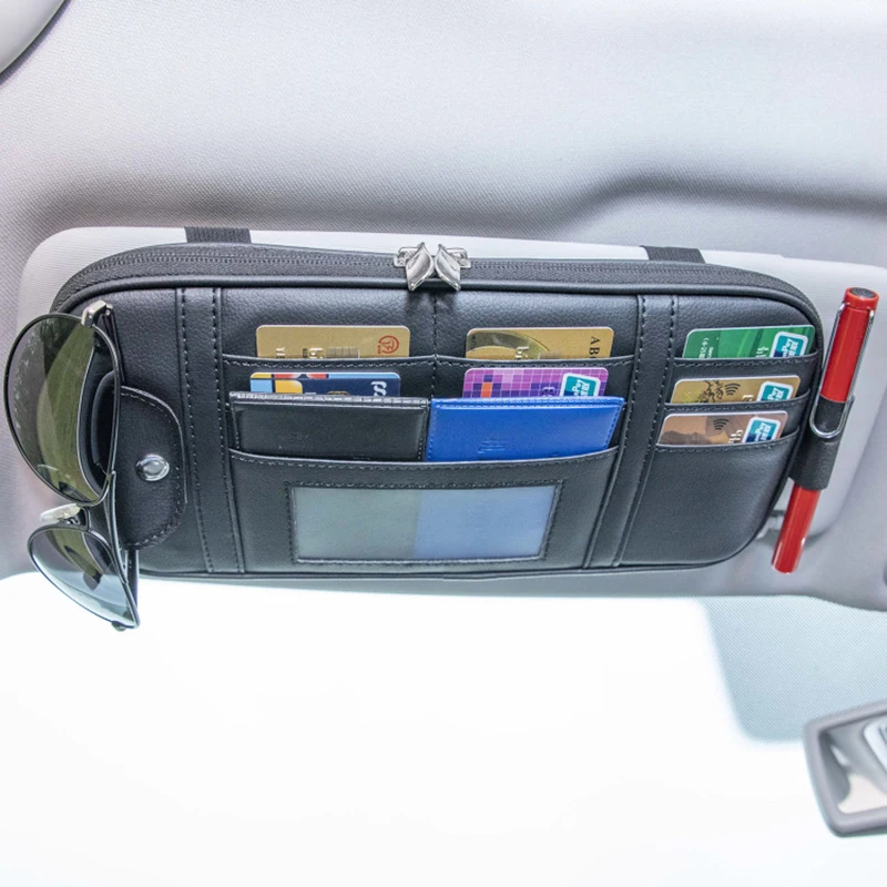 Car Sun Visor Storage Organizer PU Leather Auto Sunshade Pocket with Sunglasses Holder Card Slots Zipper Pocket Pen Clip