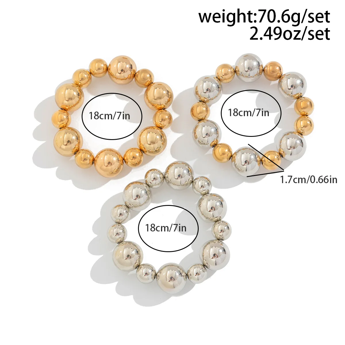 KMVEXO 3PCS Punk Stretch Beads Bracelets Gold Sliver Color Stacked Ball Beaded Bracelet For Women Men Imitation Pearl Jewelry