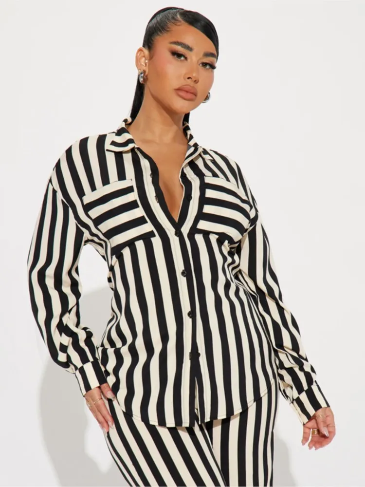 Women\'s Striped Suit Autumn Summer Lapel Long Sleeve Shirt Top + Pants Suit Fashionable Office Ladies 2024