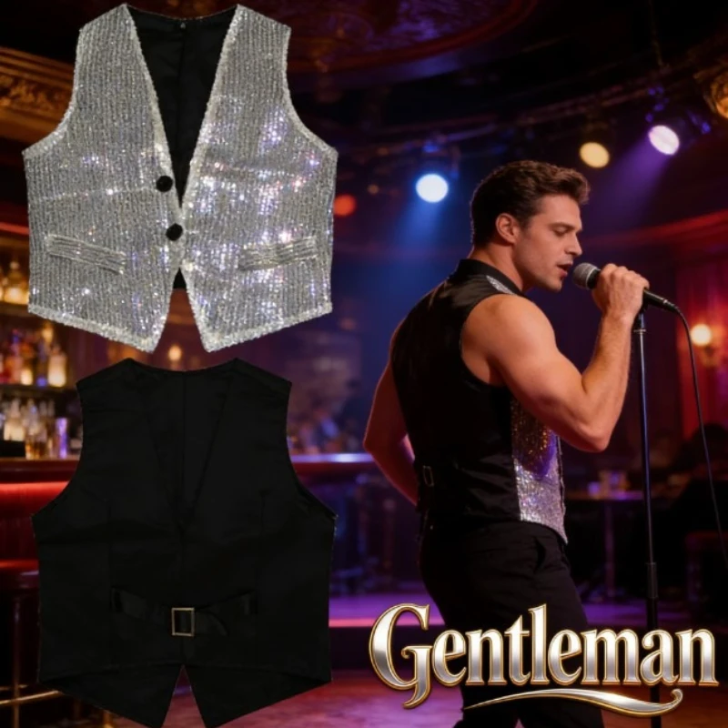 

Slim Vest for Men Women Shiny Stage Performance Waistcoat Nightclub Host Sleeveless Jacket