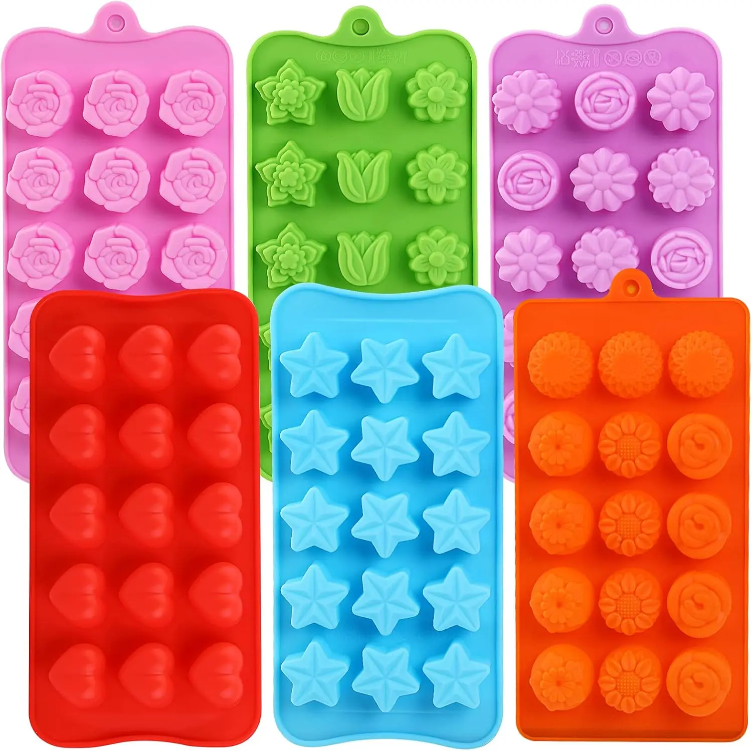 

6Pcs Flower Heart Star Rose Chocolate Candy Molds Set, Silicone Baking Mold for Wedding Party DIY