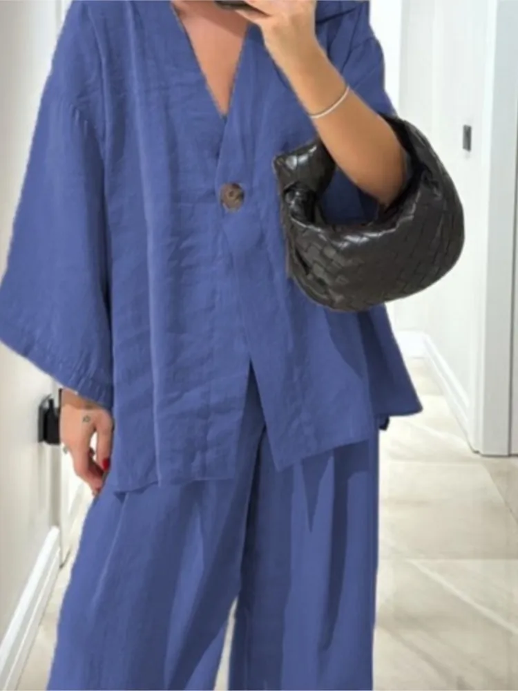 캐주얼 여성 린넨 루즈 셔츠 팬츠 세트 패션 싱글 브레스티드 블라우스 와이드 레그 팬츠 수트 여름 여성 2피스 의상