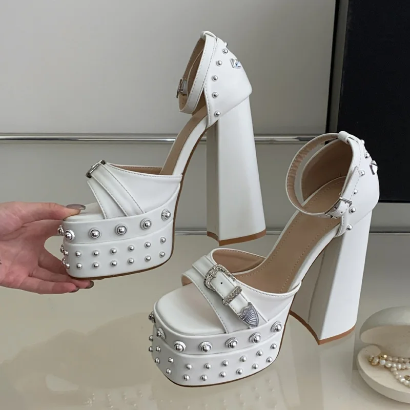 Personality Punk Rivet Cover Heel Platform Sandals Women Summer Buckle Peep Toe Thick High Heels Pumps Woman Ankle Strap Shoes view 4