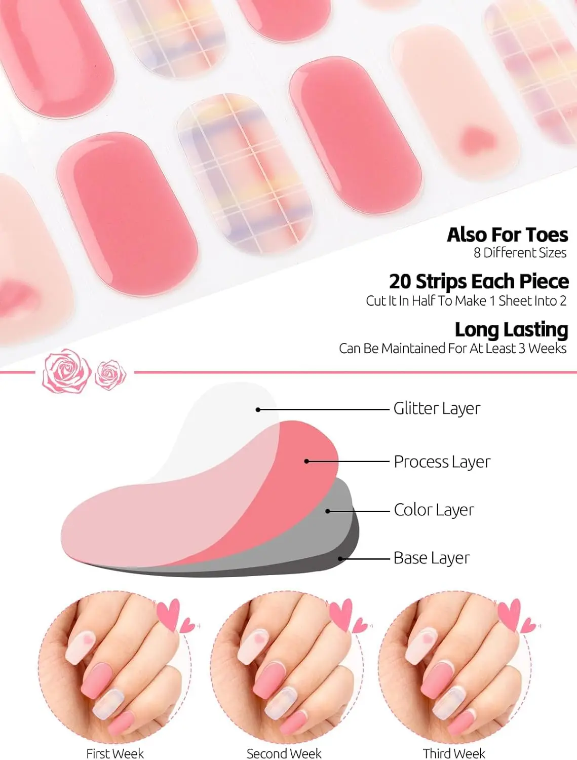20 tiras de gel semicuradas para el día de San Valentín con forma de corazón rosa para mujeres y niñas, se requieren UV/LED