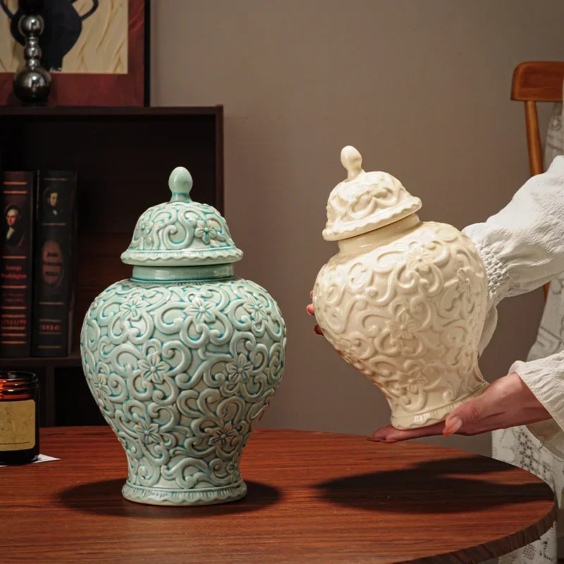 Chinese-style Retro Ceramic Bottle Relief General's Jar Porcelain Flower Vase Sealed Storage Tank Home Decoration Accessories