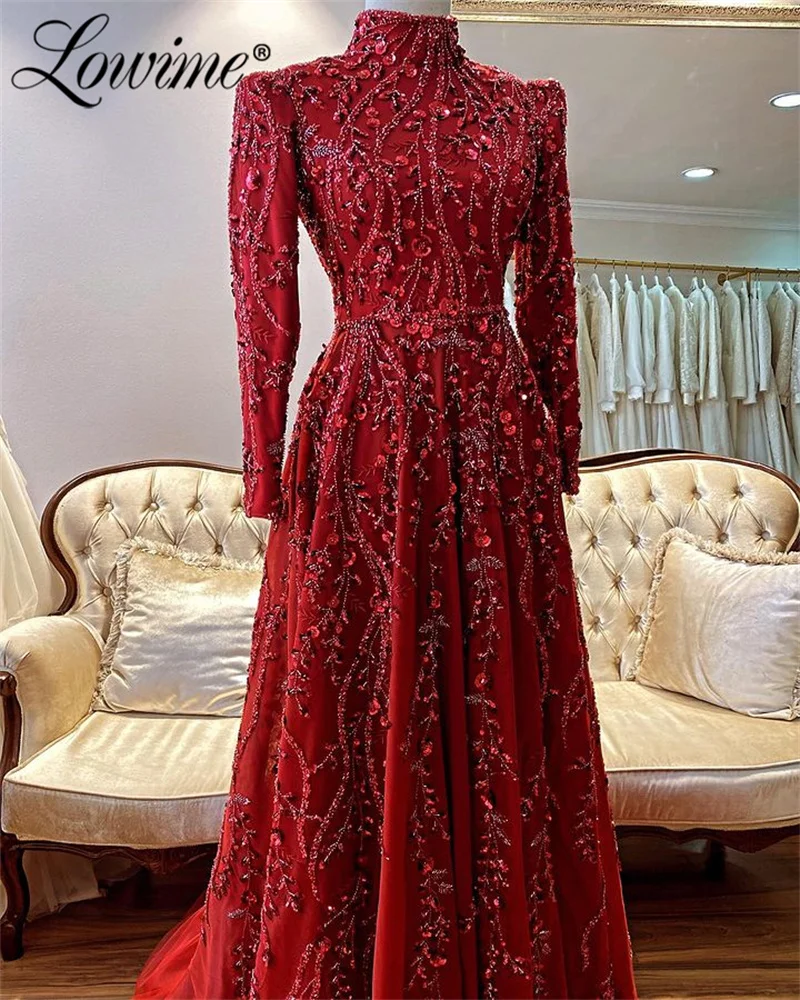 Floral Sequined Long Sleeves Evening Gowns A Line Women Party Dress 2024 Dubai Arabic High Neck Prom Dresses Robe De Soiree