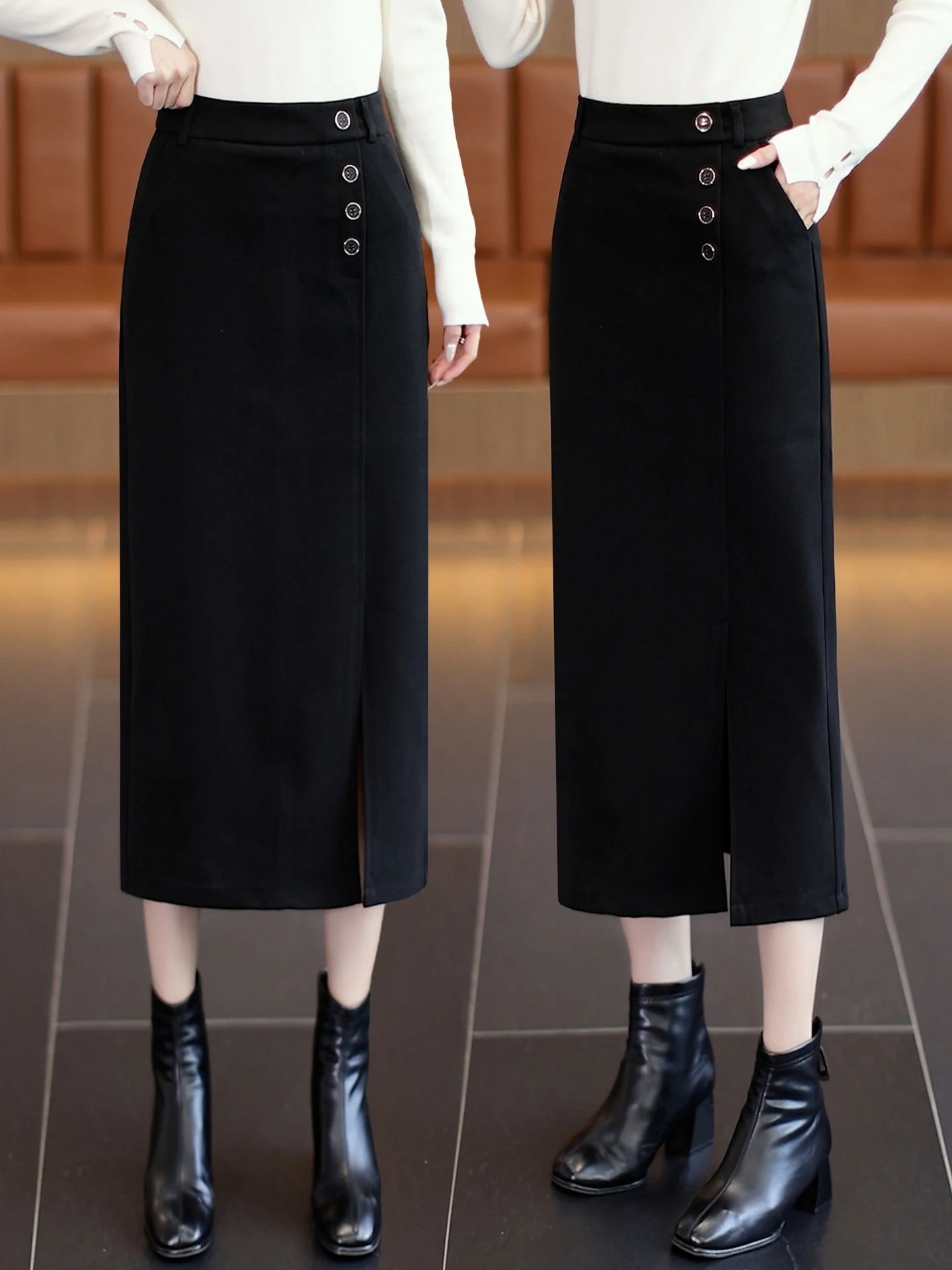 High Waist A-Line Midi Skirt Women's Woolen Checkered Straight Cut Split Step-In Skirt Comfortable Soft Korean Style Commute