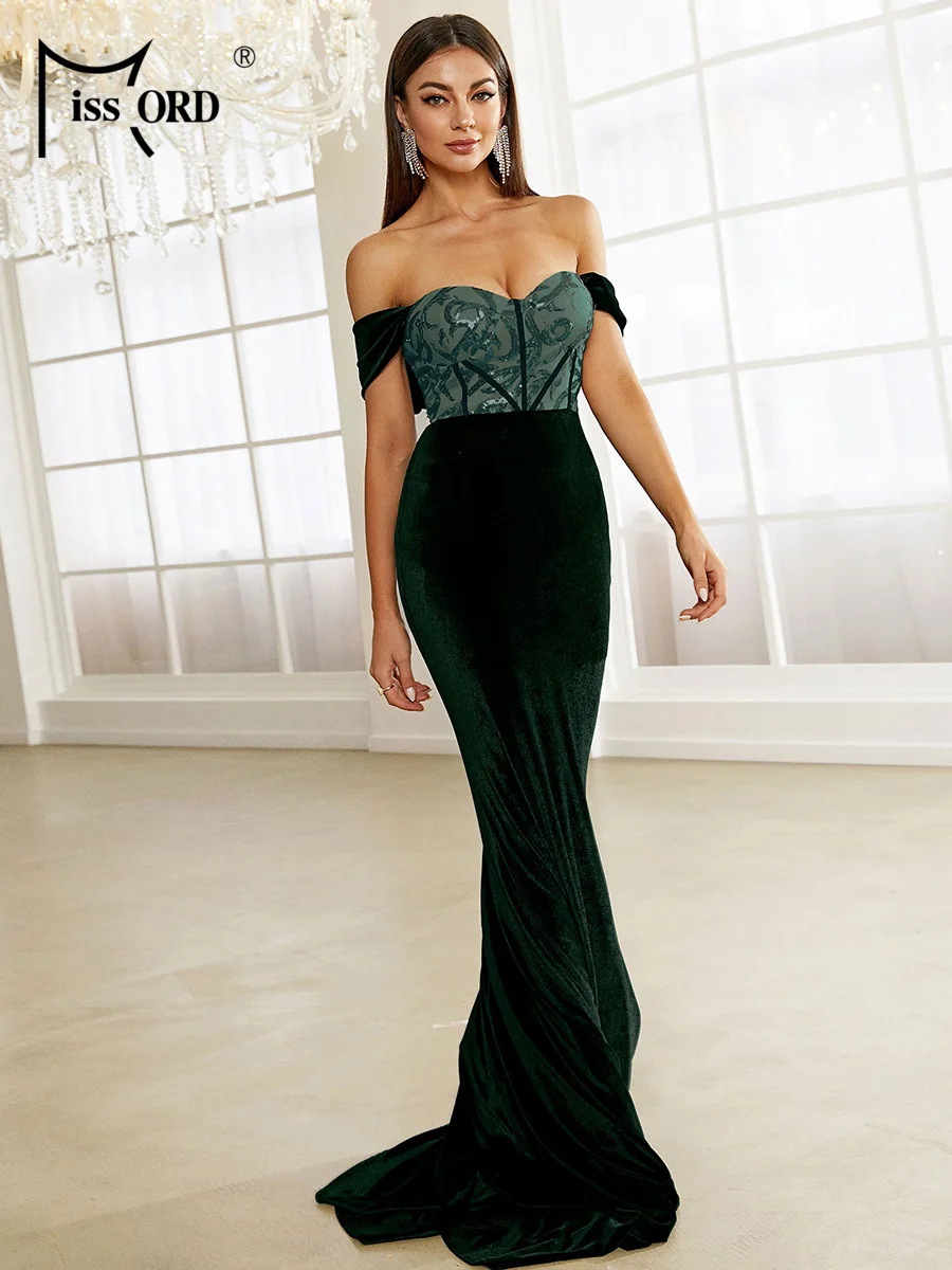 Missord Women Green Velvet Evening Dress Elegant Off Shoulder Sequin Bodycon Maxi Mermaid Cocktail Party Prom Dresses Long Gown