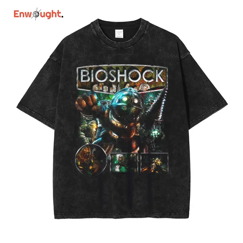 BioShock T Shirt Pc Game Vintage Washed Top Tees Hip Hop Harajuku DTG Printing Short Sleeve Oversized Casual T-shirt 100% Cotton