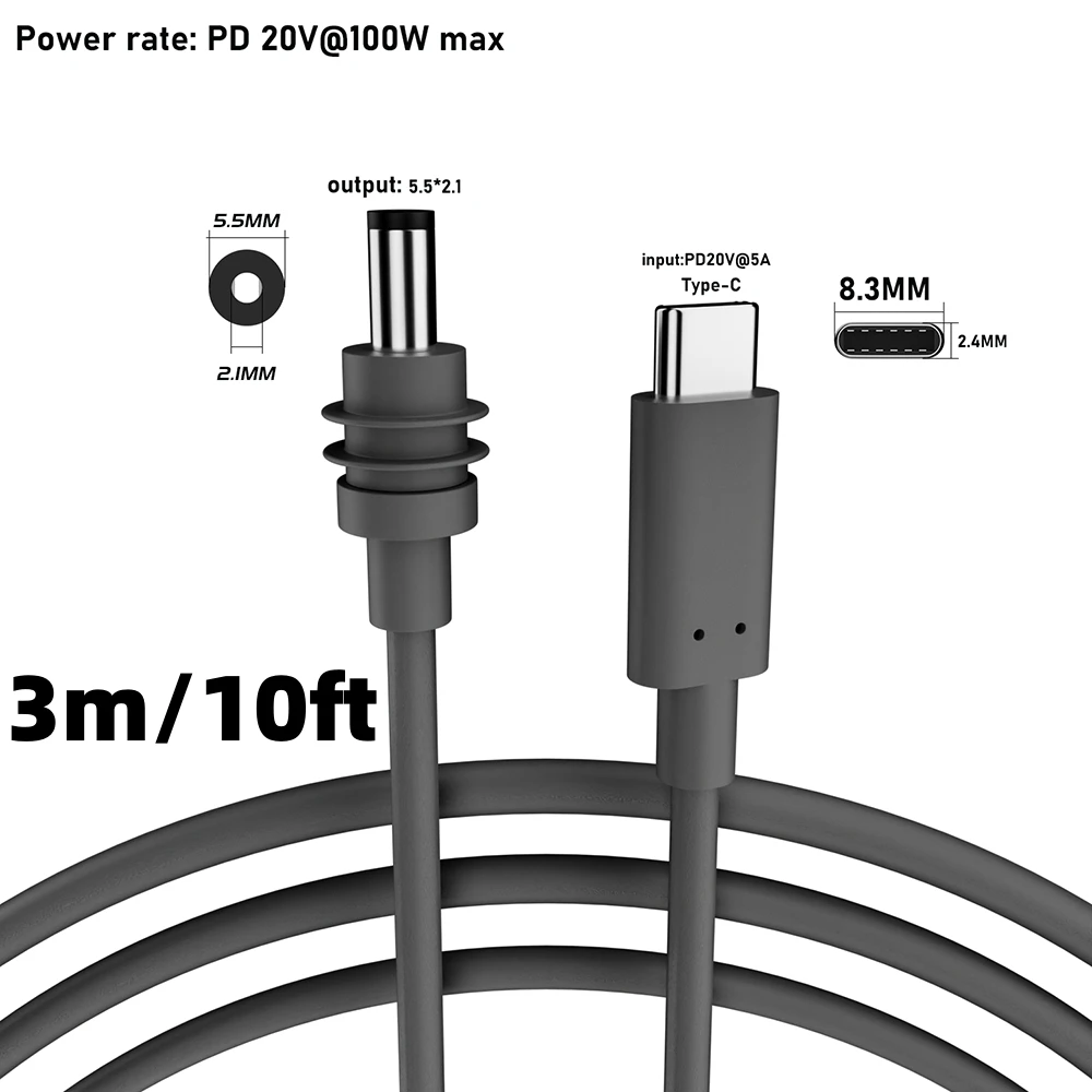 

3M USB C to DC5.5x2.1mm Power Cord Work with PD Charger Type C Input to DC 20V 5A Barrel Jack Waterproof Cable for Starlink Mini