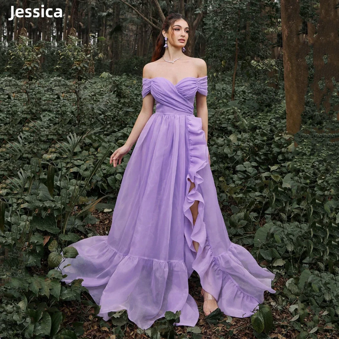 

Jessica Lavender Purple Prom Dresses Organza Off-the-shoulder Evening Dresses A-shaped Side Slit Elegant Wedding Party Dress