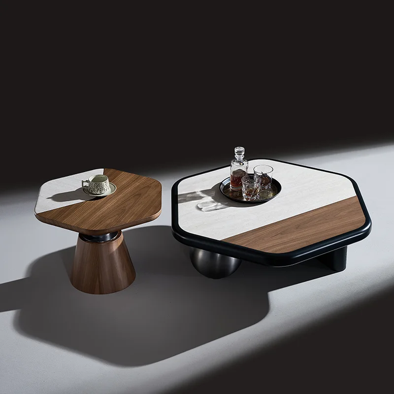 

Современный журнальный столик с черной титановой основой из нержавеющей стали, столешницей из травертина и отделкой из шпона ореха, мебель для гостиной