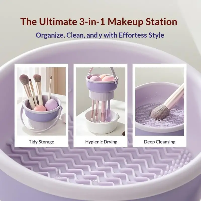 3-In-1 Silicone Makeup Brush Cleaning Set Mat & Drying Rack Easy to Store Durable Cosmetic Brush Cleaner for Vanity Table Use