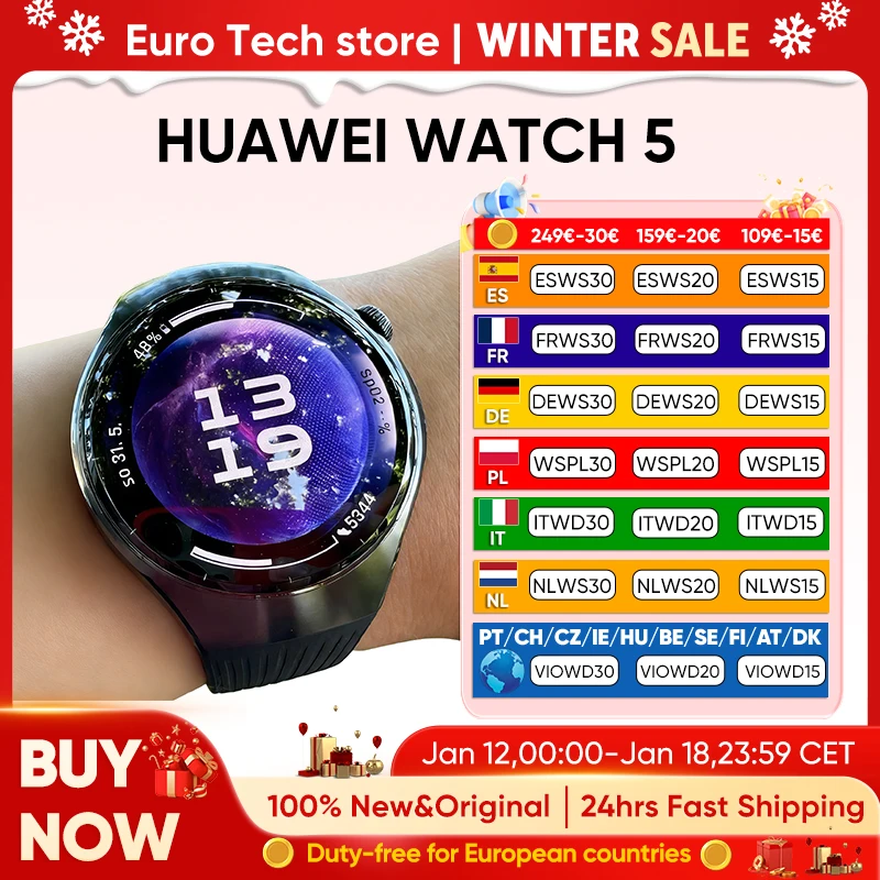 HUAWEI Reloj 5 Smartwatch 1,5 pulgadas AMODLED LTPO Cristal de zafiro 5ATM Impermeable GPS SpO2 Salud Wi-Fi HarmonyOS