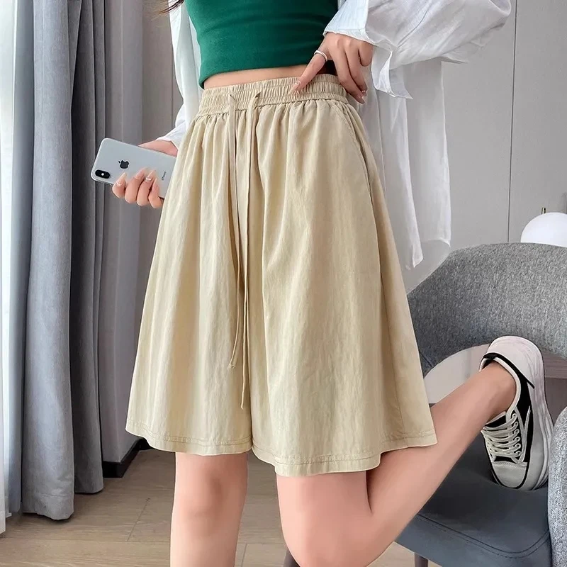 Summer Women's shorts High Waist Ice Silk Loose and Wide legged Short Outwear Casual Straight Large Women's Shorts