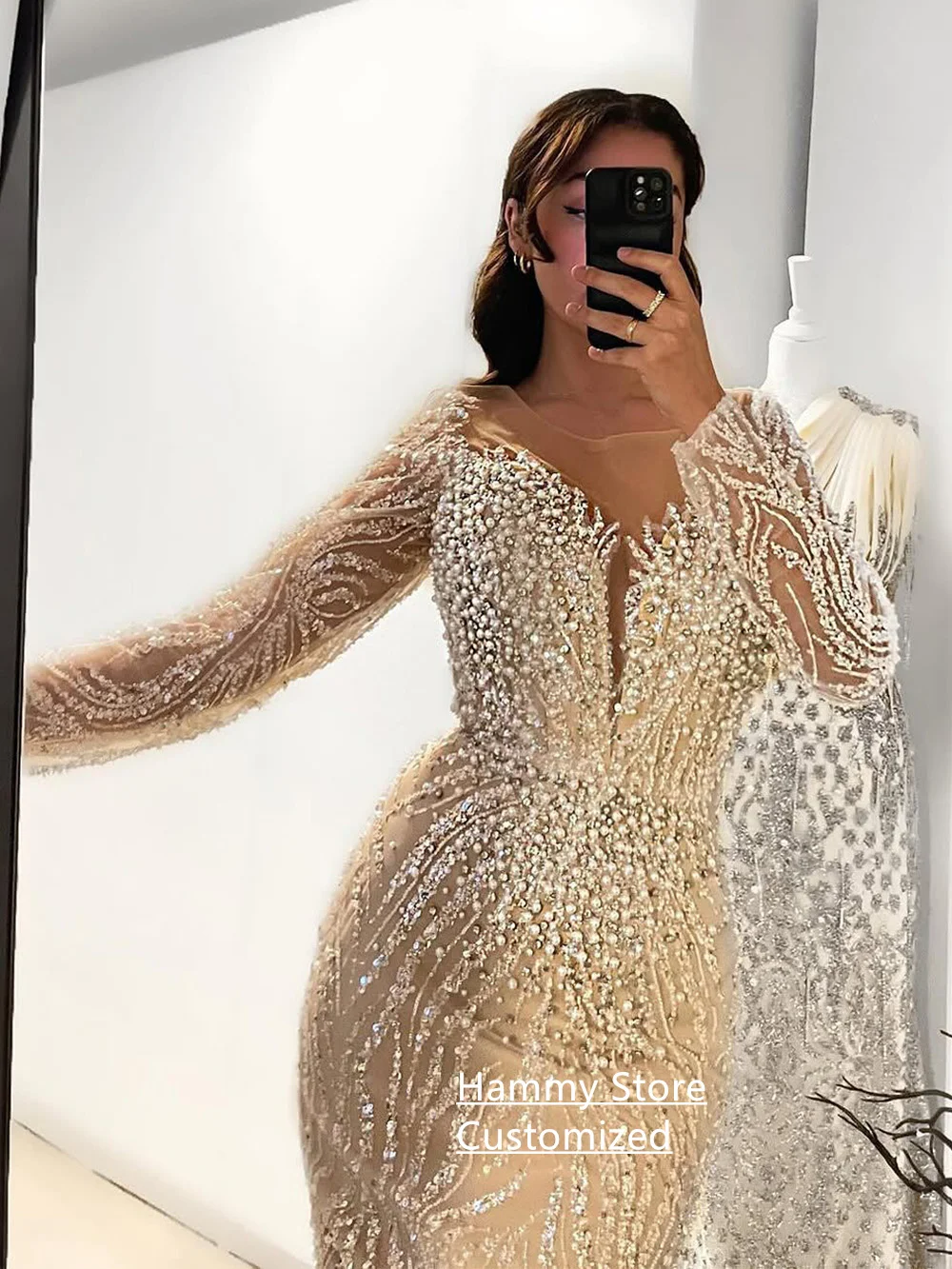 Sparkling Mermaid Evening Dress Customized V Neck Long Sleeves Beading Sweep Train  Pearls Robe De Soiree Prom Party Gown image 3