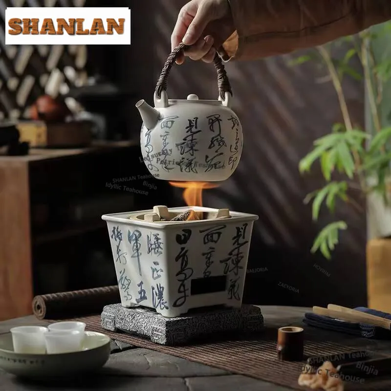 Retro Landscape Square Carbon Charcoal Furnace Soda Glazed Olive Wood Boil Water Stove For Tea Kettle Household Kung Fu Teaware