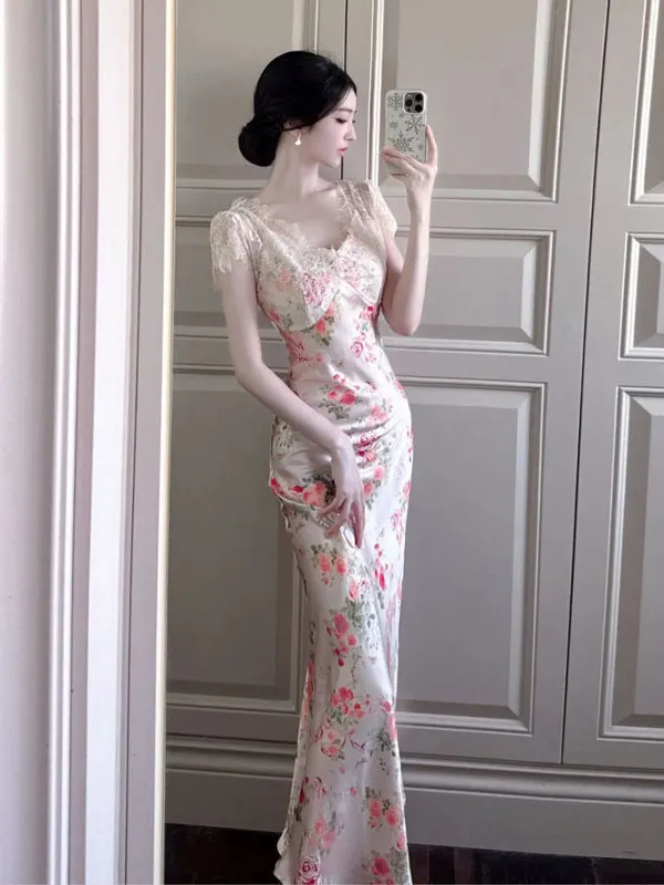 

Elegant Floral Print Wrap Bodycon Dress V-Neck Fish Tail Long Skirt Soft Cotton Polyester Blend High Waist Summer Fashion