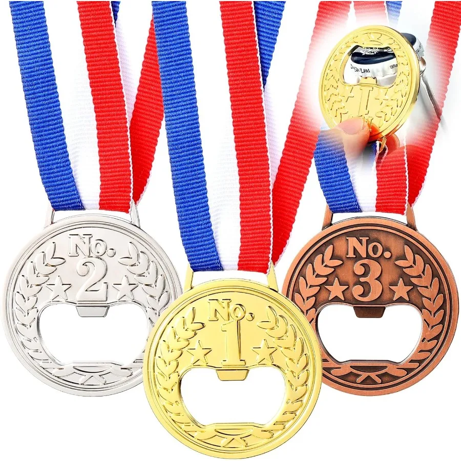 

Medal Shaped Flat Bottle Opener Winner Award Metal Wine Beer Opener Gold Silver Copper Medal Trophy Opener with Neck Ribbon for
