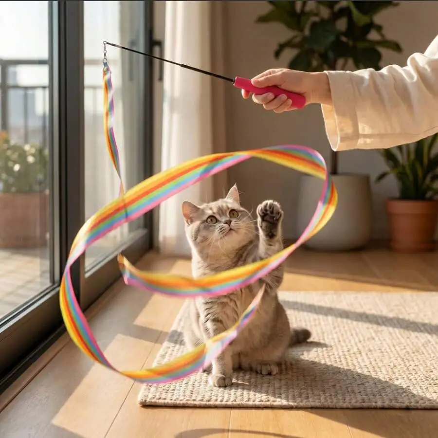 

Pet Rainbow Ribbon Wand Teaser - Long Flexible Wand With Colorful Satin Ribbon - Feline Interactive Play Accessory